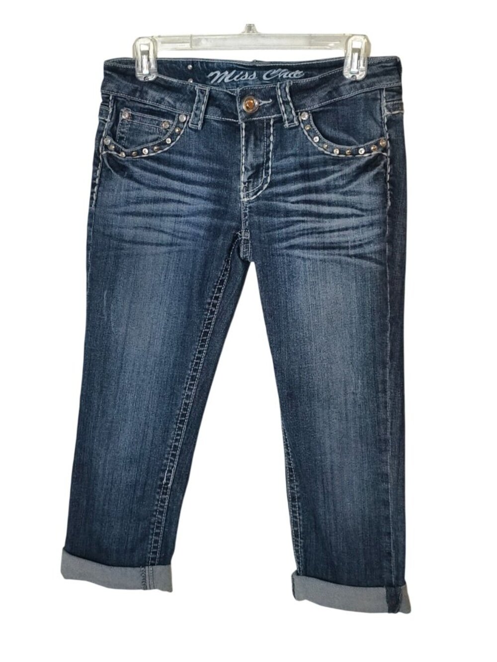 Miss Chic Womens 5 Crop Jeans Embellished Dark Wash Rhinestone Cuffed Grunge Y2K